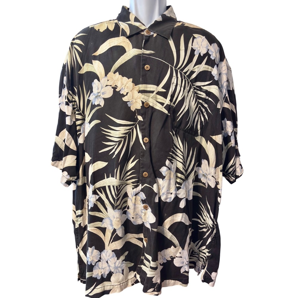 Tommy Bahama Silk Shirt Men XXL Black Floral Tropical Orchid Short Sleeve